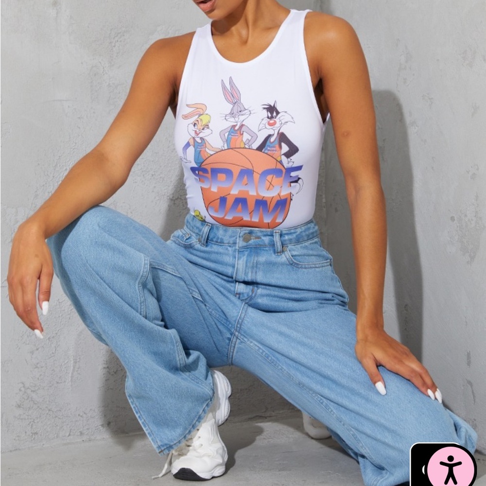 NWT Pretty Little Thing Space Jam Printed Racer Bodysuit